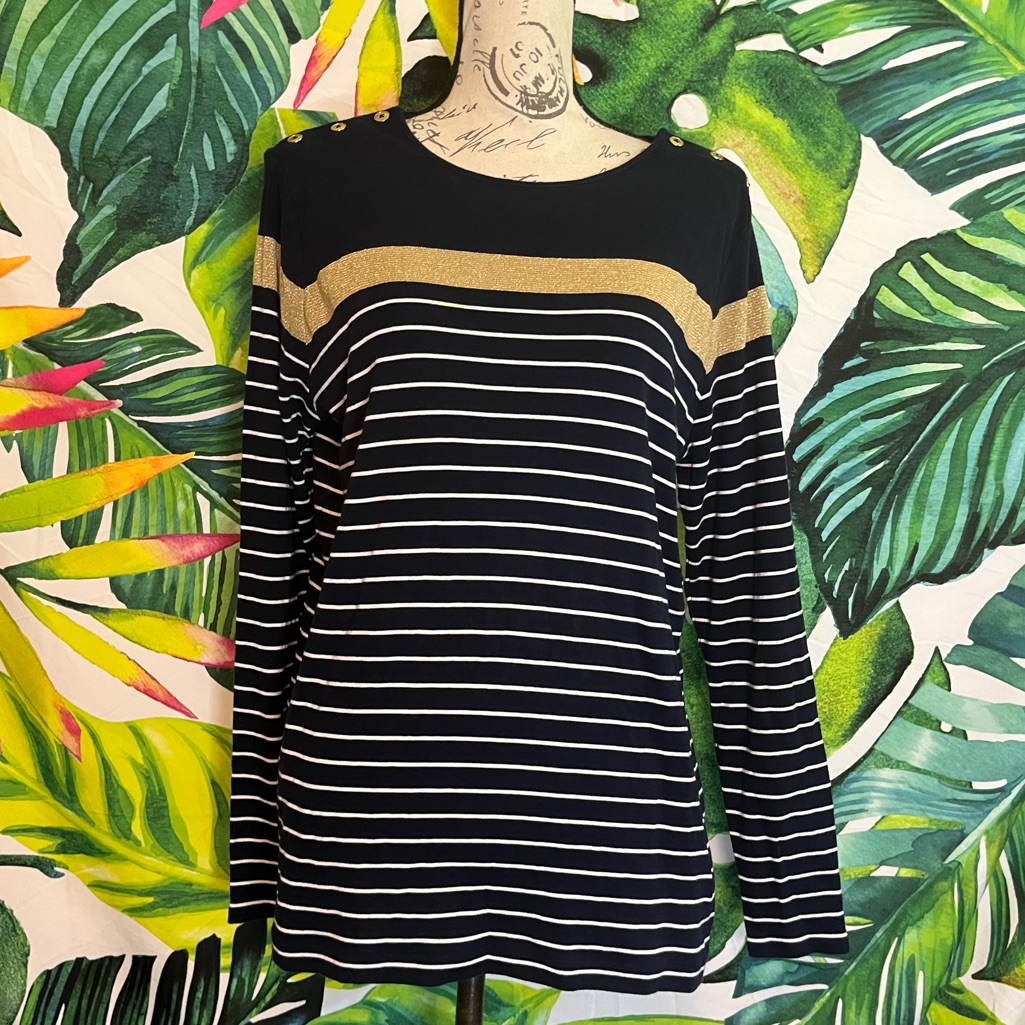 Lrl Lauren Ralph Lauren L Navy White Striped Nautical Gold Button Shoulder Tee